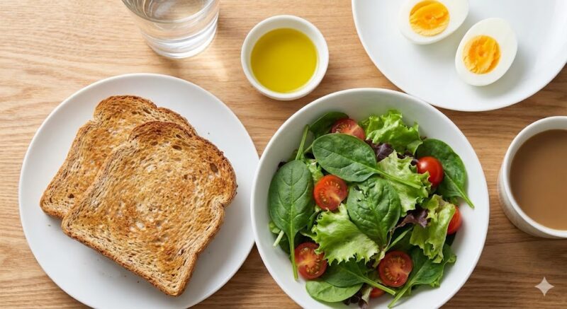 健康的な朝食のペアリングの実撮写真。全粒粉トースト、オリーブオイル、新鮮なグリーンサラダ、ゆで卵が木製のテーブルに並べられている様子。