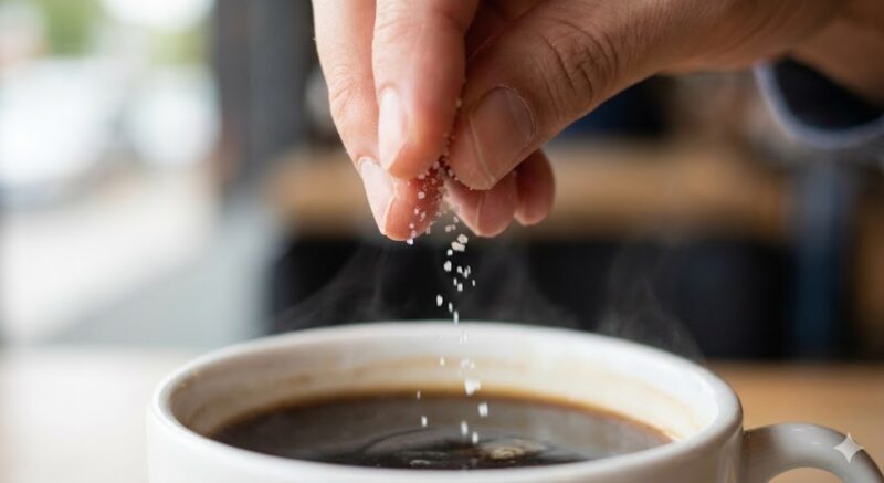 コーヒーの陰陽バランスを整えるために、天然塩をひとつまみ加えている様子