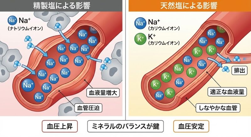 精製塩による浸透圧の影響で血液量が増大するメカニズムと、天然塩によるバランスの比較図解