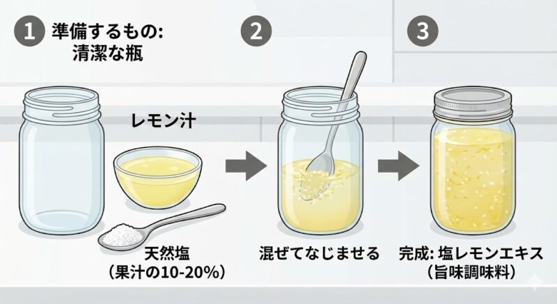 レモン汁に10〜20%の天然塩を加えて「塩レモンエキス」を自作する手順の図解