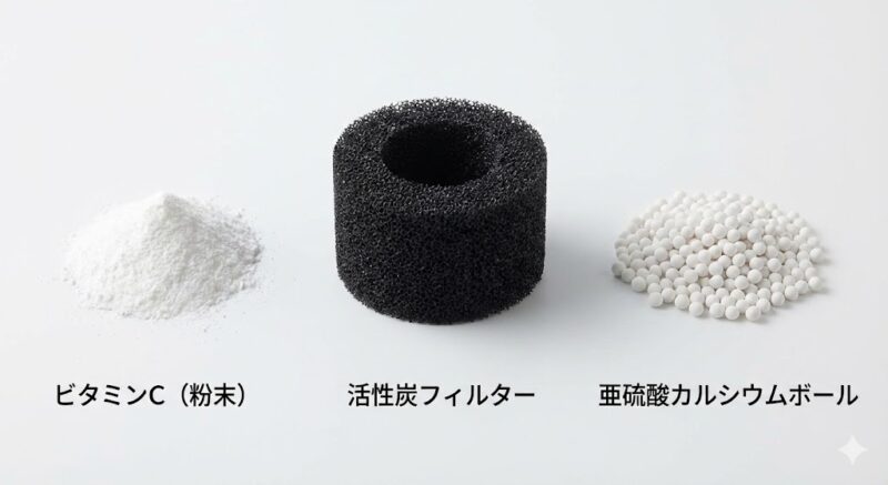 塩素除去シャワーヘッドに使われるビタミンC粉末、活性炭フィルター、亜硫酸カルシウムボールの実物比較写真