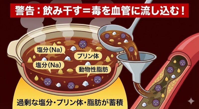 鍋の煮汁に溶け出した過剰な塩分、プリン体、動物性脂肪が血管に流れ込み、健康リスクとなることを示す図解警告