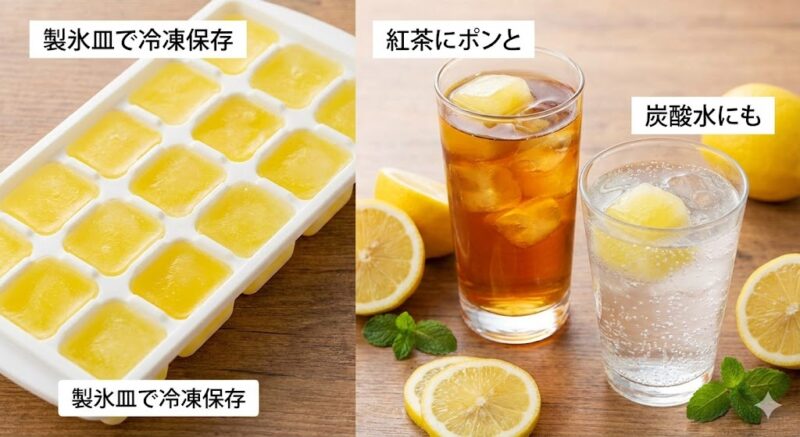 製氷皿で小分けに冷凍保存されたレモン果汁のキューブと、飲み物への活用例