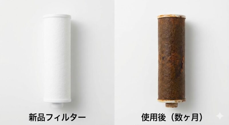 数ヶ月使用して水道管のサビや不純物を吸着し、茶色く変色したシャワーフィルターと新品の比較写真