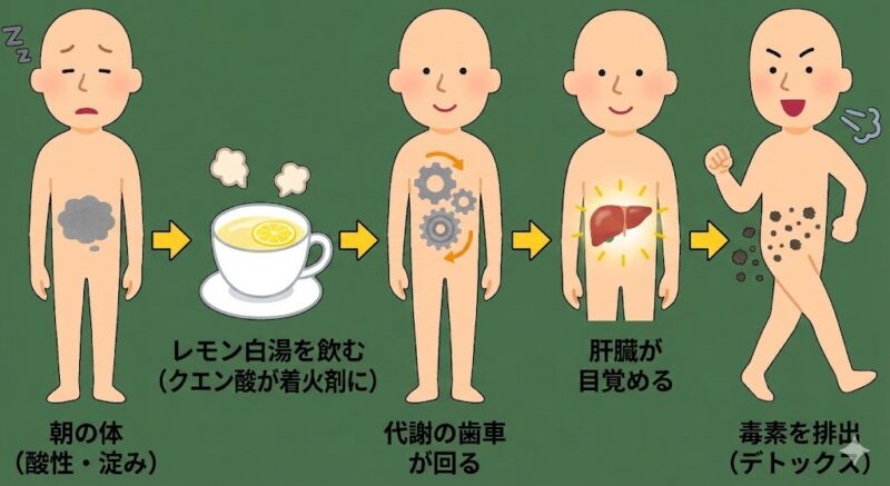 レモン白湯のクエン酸が体内の代謝を活性化し、デトックスを促す仕組みの図解