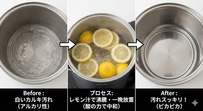 電気ケトルの白いアルカリ汚れが、レモンの酸で中和・分解されて落ちる様子の比較写真