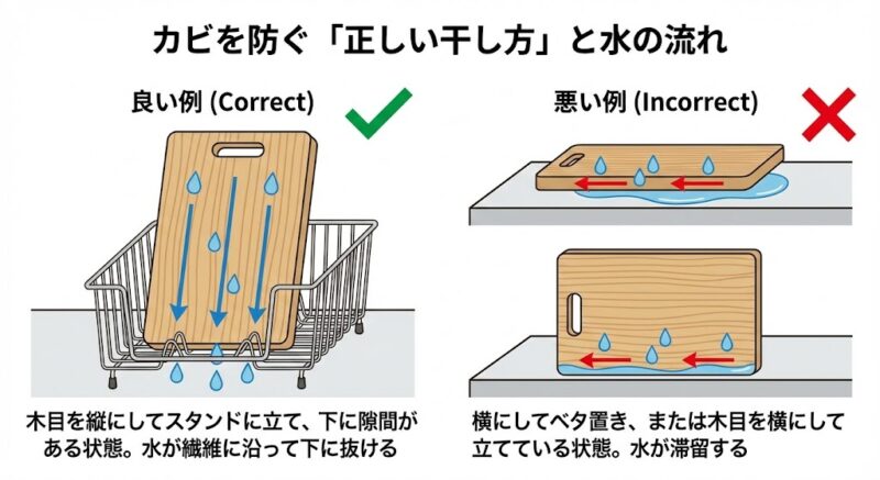 まな板の正しい干し方の図解。木目に沿って水分を逃がす垂直立ての解説。