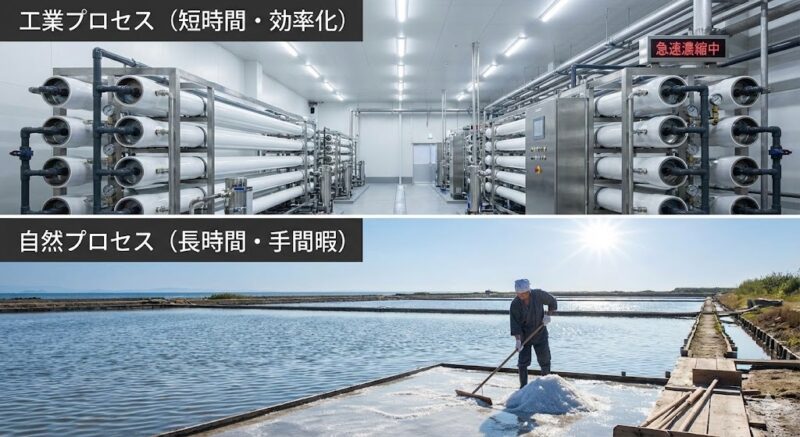 機械で圧力をかけ急速濃縮する工業的製法と、太陽と風の力で時間をかけて結晶化させる自然製法の対比写真。