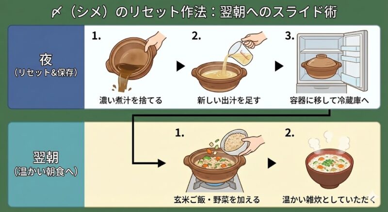 夜の鍋の残り汁を薄めてリセットし、翌朝の健康的な玄米雑炊にリメイクする手順を示すフローチャートの図解
