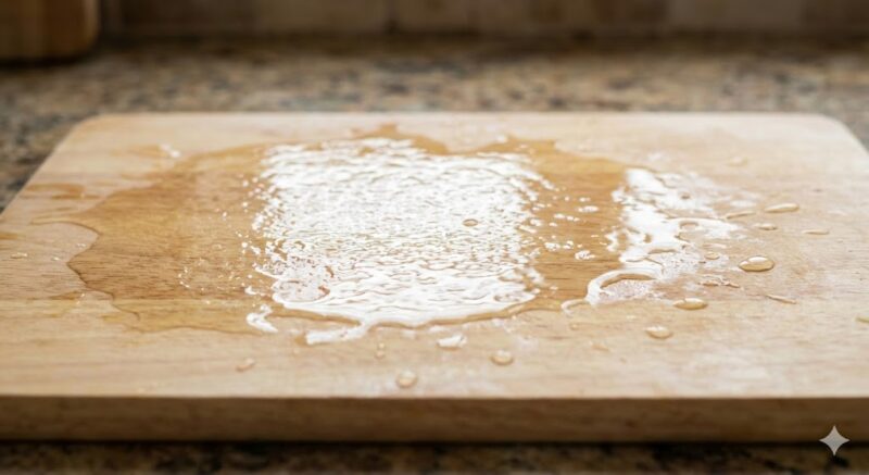 使用前の水養生（みずようじょう）の様子。白木に水の膜を張り汚れを防ぐ手順