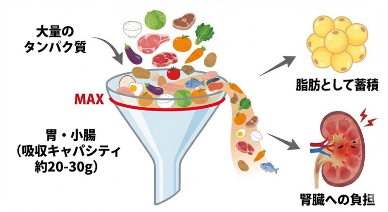 体が一度に吸収できるタンパク質には限界があり、過剰分が有効利用されずに脂肪に変わる仕組みの図解