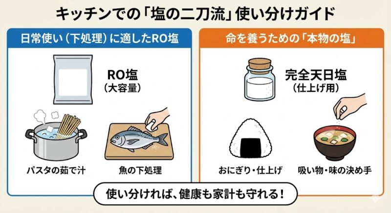 大量に使う下処理用のRO塩と、味の決め手として使う仕上げ用の天日塩の使い分けガイド図。