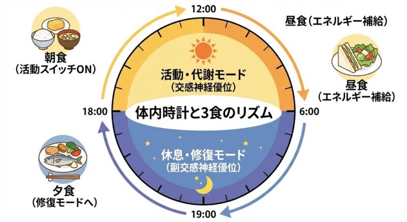 24時間の体内時計に基づいた、朝・昼・夕の3食による自律神経と代謝のリズム調整図