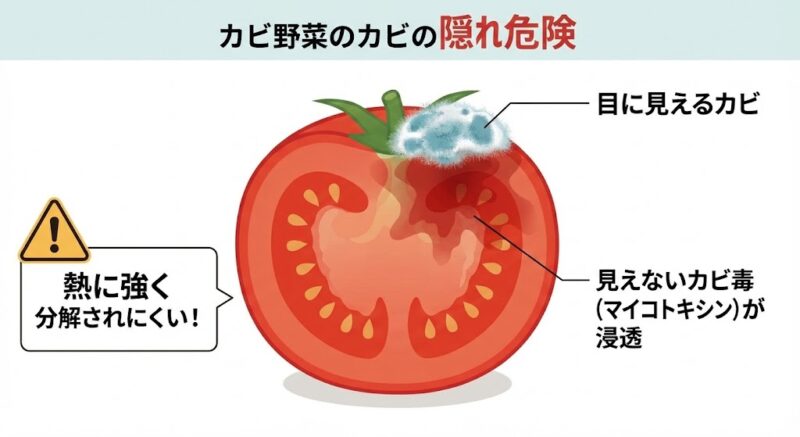 トマトの表面に生えた目に見えるカビと、その周囲の果肉内部に浸透して広がっている見えないカビ毒(マイコトキシン)のリスクを示す図解