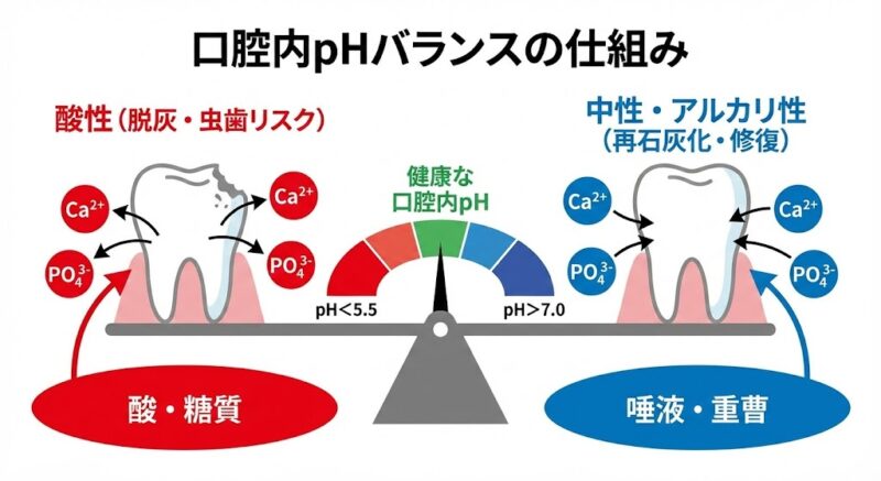 口腔内のpHバランスを示す図解。酸性（pH<5.5）になると歯からカルシウムが溶け出す脱灰が起こり、唾液や重曹によって中性・アルカリ性（pH>7.0）に戻ると再石灰化が促進される仕組みを天秤で表現