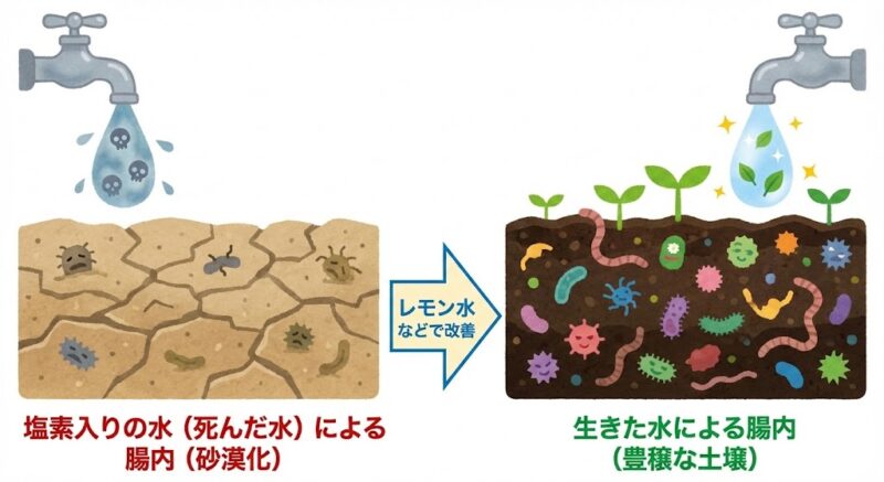 塩素による腸内環境の悪化（砂漠化）と、自然な水による健康な腸内環境（豊かな土壌）の対比図解