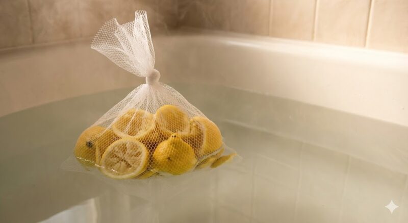 塩素中和のため、使用済みのレモンの皮をネットに入れてお風呂に浮かべる活用例