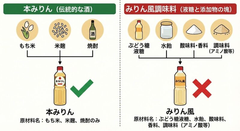 本みりん（もち米・米麹・焼酎）と、水飴やぶどう糖液糖を含むみりん風調味料の原材料の違いを比較した図解