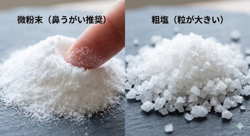 鼻粘膜を傷つけない超微粉末（パウダー状）の天然塩と、一般的な粗塩の粒子比較写真
