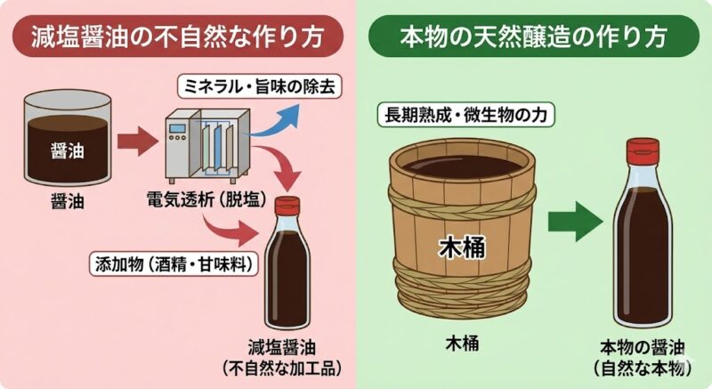 減塩醤油の脱塩工程と添加物の追加プロセスを、天然醸造醤油の熟成工程と比較した図解