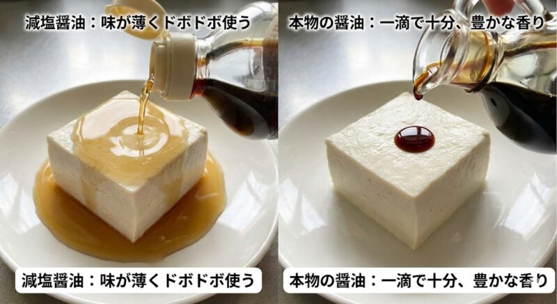 味が薄いために大量にかけてしまう減塩醤油と、一滴で十分に満足できる本物の醤油の使用量の比較写真