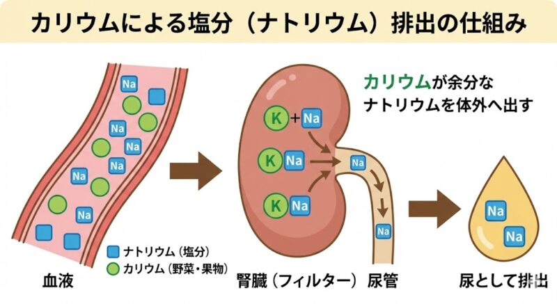 野菜や果物に含まれるカリウムが、血液中の余分なナトリウムを腎臓を通じて尿として排出するメカニズムの図解