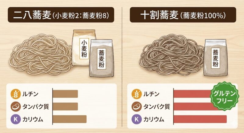 十割蕎麦と二八蕎麦の栄養成分（ルチン・タンパク質・カリウム）とグルテン有無の比較解説図