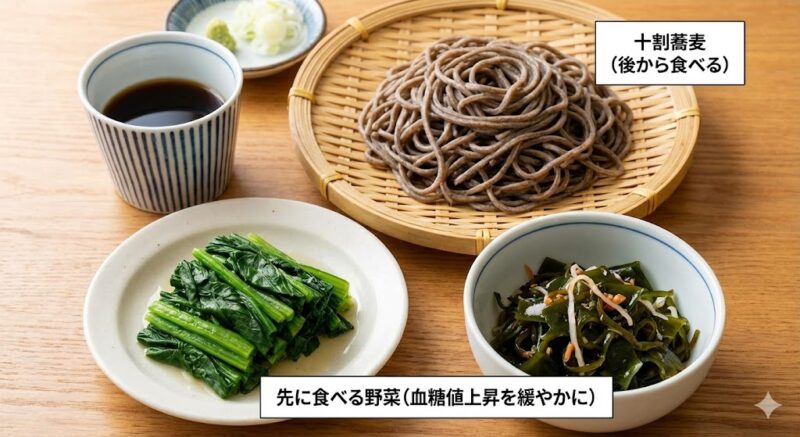 血糖値の急上昇を抑えるための理想的な食事構成。野菜を先に食べる十割蕎麦の献立例。