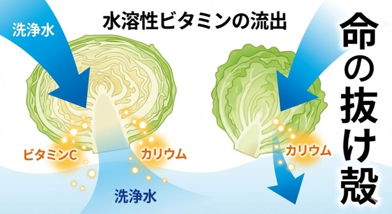 洗浄水によって断面から水溶性ビタミンやミネラルが流出する、カット野菜の栄養消失の図解