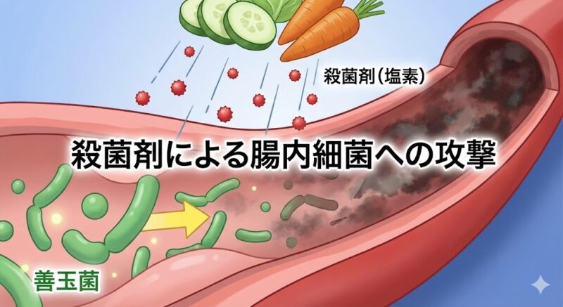 カット野菜に残留した殺菌剤(塩素)が、腸内の善玉菌を攻撃し血液を汚すイメージ図