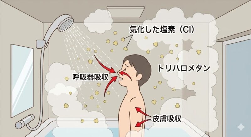 浴室のシャワーから気化した塩素やトリハロメタンが呼吸器と皮膚から体内に吸収される様子を示す模式図