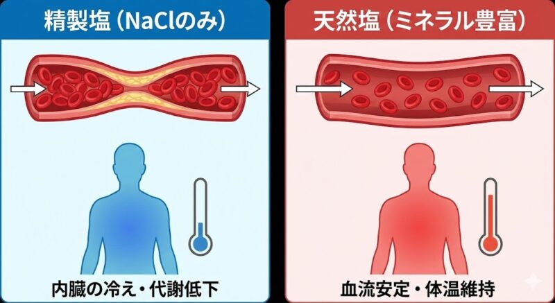 精製塩による血管収縮と内臓冷え、天然塩による血流改善と代謝活性化の比較図解