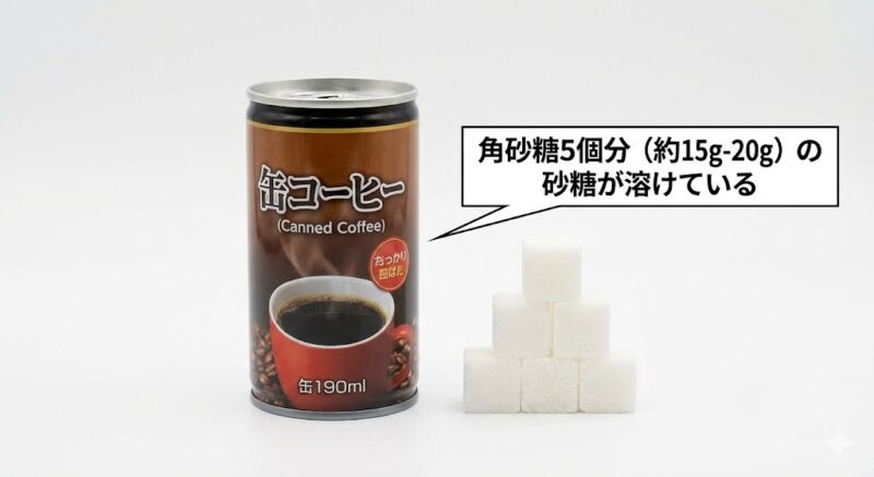 190ml缶コーヒー1本に含まれる砂糖の量（角砂糖5個分）を横に並べて比較した写真