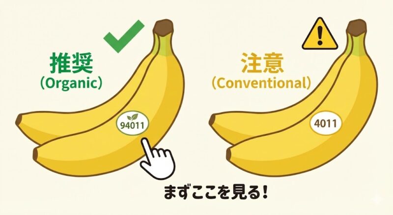 バナナのPLUコードの見方。9から始まる5桁は有機栽培、4から始まる4桁は農薬使用の慣行栽培であることを示すイラスト。