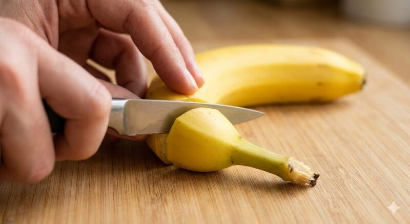 木製のまな板の上で、黄色く熟したバナナの軸側の先端を、小さなナイフで1〜2センチほど切り落としている手元のクローズアップ写真