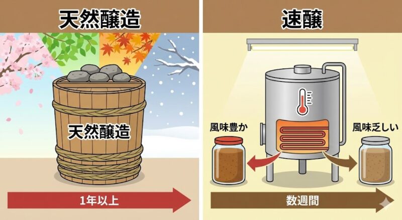 加温で短期間熟成させる「速醸」と、四季の温度変化で1年以上かける「天然醸造」の熟成期間の違いを示すタイムライン図