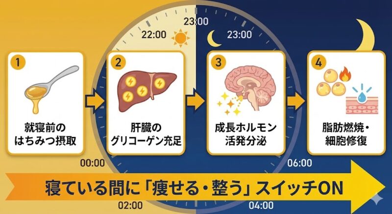 就寝前のはちみつ摂取が肝臓のグリコーゲンを充足させ、睡眠中の成長ホルモン分泌と脂肪燃焼・細胞修復を促進する代謝の仕組みを示すフローチャート