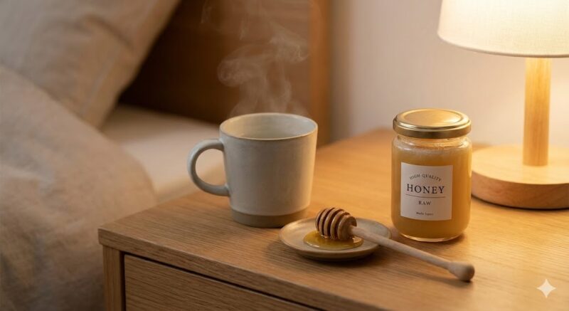 寝室のサイドテーブルに置かれた、湯気が立つ白湯の入ったマグカップ、木製のハニーディッパー、生はちみつの瓶。寝る前のリラックスした養生習慣のイメージ