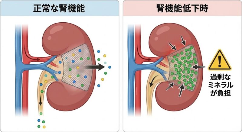 腎臓のろ過機能のイメージ図。機能が低下している場合に過剰なミネラルが負担をかける仕組み