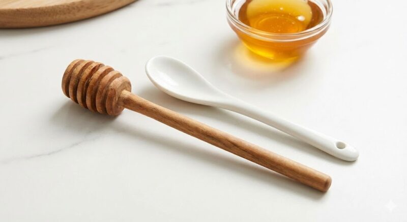 生はちみつを扱うのに適した、木製のハニーディッパーと白い陶器のスプーンが並べて置かれている写真