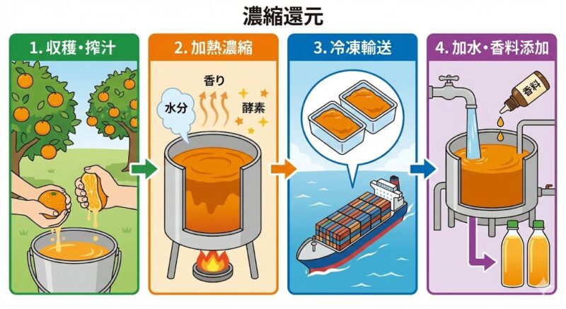 濃縮還元ジュースの製造工程。1.収穫、2.加熱（水分と酵素の蒸発）、3.ペースト輸送、4.加水と香料による復元を示すインフォグラフィック