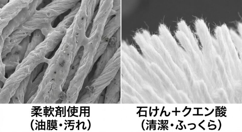 柔軟剤使用による油膜と汚れが付着した繊維（左）と、石けん・クエン酸使用による清潔でふっくらした繊維（右）の顕微鏡比較写真