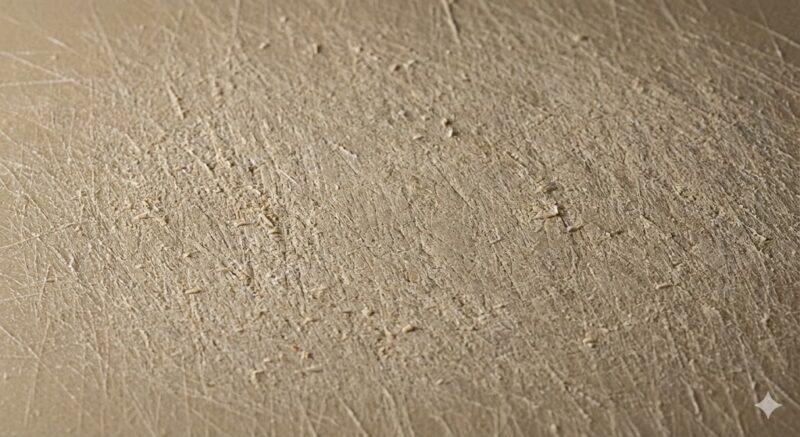 長期間使用された合成ゴムまな板の表面実撮。無数の細かい包丁傷と、削れて毛羽立ったような質感が確認できる接写写真。