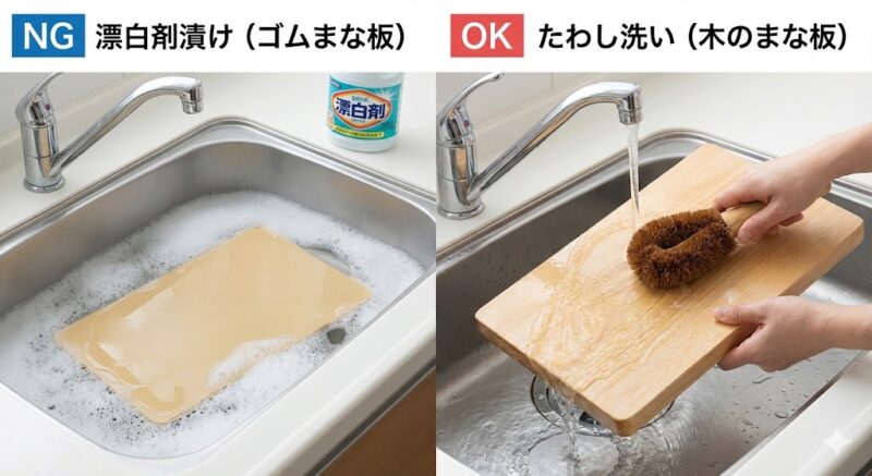まな板の正しい手入れ方法の比較実撮。左は合成ゴムまな板を漂白剤に漬けているNG例、右は木のまな板を棕櫚たわしで洗っているOK例の写真