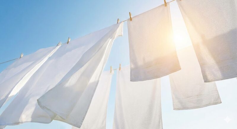 晴れた日の青空の下、太陽の光を浴びて風になびきながら天日干しされている、清潔な白いタオルとシーツの写真