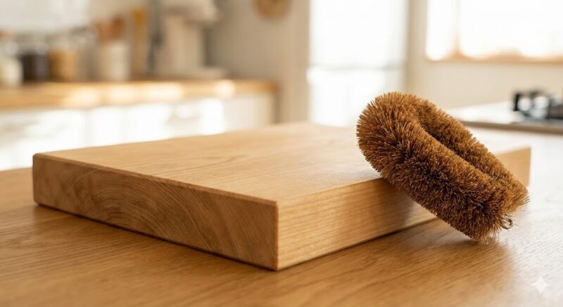 おすすめのいちょう製木のまな板と棕櫚たわしがキッチンカウンターに並べられている実物写真。温かみのある光が当たっている。