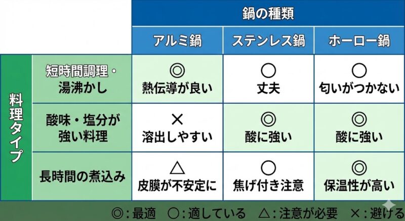 料理の種類に応じた鍋（アルミ、ステンレス、ホーロー）の使い分けガイド図。