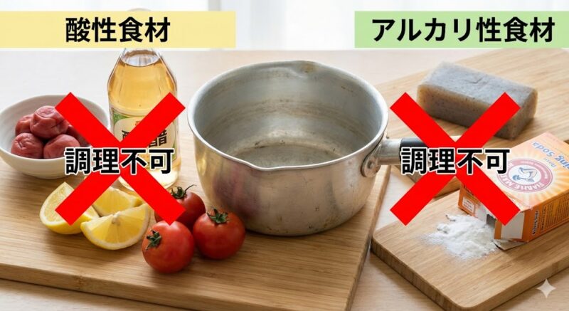 アルミ鍋での調理を避けるべき酸性・アルカリ性食材（梅干し、レモン、こんにゃく等）のまとめ写真