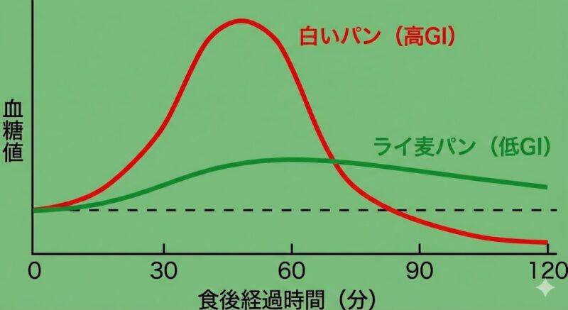 白いパンとライ麦パン摂取後の血糖値推移の比較グラフ。白いパンの血糖値乱高下（高GI）と、ライ麦パンの緩やかで安定した血糖値推移（低GI）を示す図解。