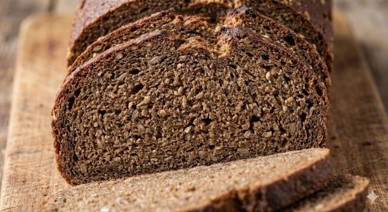 推奨される本物のライ麦サワードウパンの断面実撮。全粒粉の色味、ずっしりとした密度のある質感、穀物の粒が見える接写写真